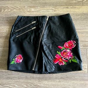 Black Faux Leather Mini Skirt with Floral Detail
